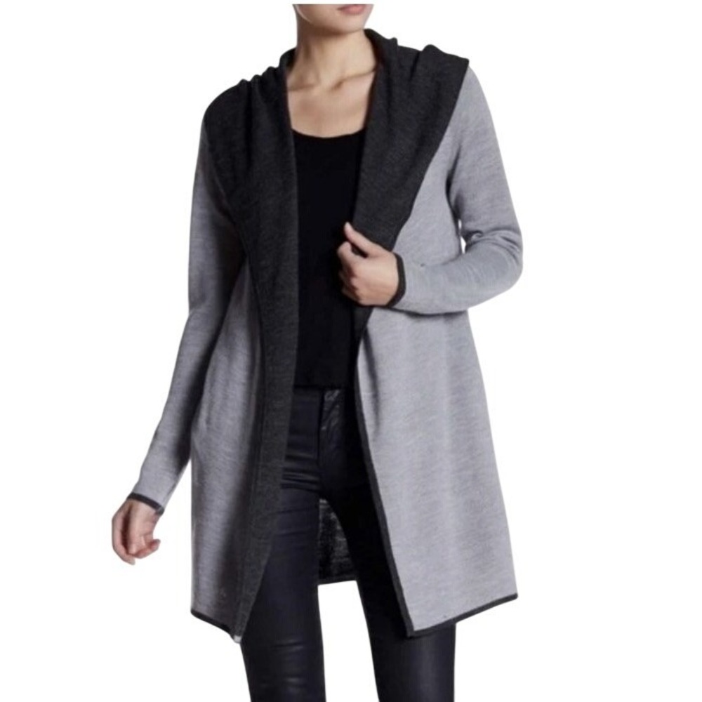 BNCI by Blanc Noir Hooded Long Cardigan Sweater Gray Charcoal Open Front Size S